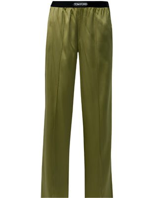 Tom Ford Satin Wide-Leg Elasticated Waist Trousers Olive Green