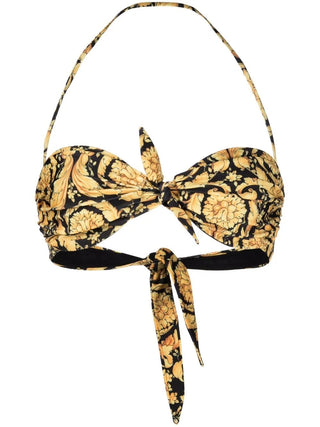 Versace Baroque Print Halter Tie-Front Bandeau Bikini Top