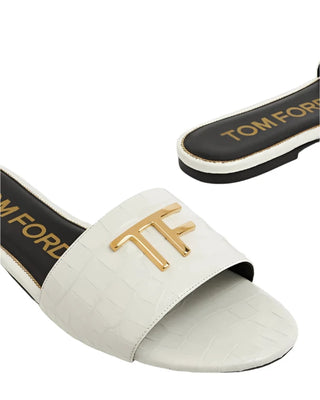 Tom Ford Croc-Embossed Leather T-Logo Slide Sandals