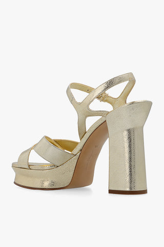 FERRAGAMO Embossed Metallic Leather Block Heel Platform Sandals