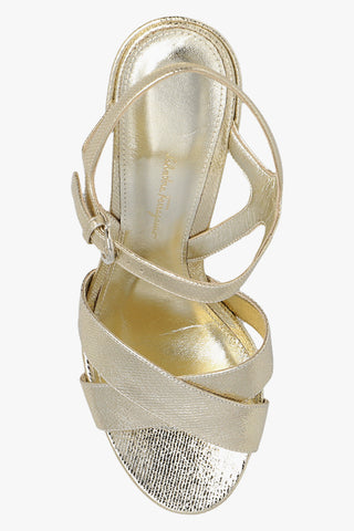 FERRAGAMO Embossed Metallic Leather Block Heel Platform Sandals