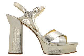 FERRAGAMO Embossed Metallic Leather Block Heel Platform Sandals