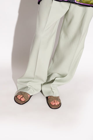 Versace Brown Leather Greek Key-Stitch Cross-Strap Sandals
