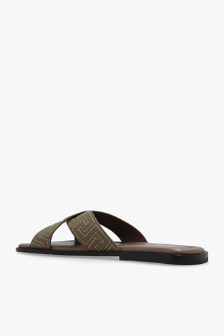Versace Brown Leather Greek Key-Stitch Cross-Strap Sandals