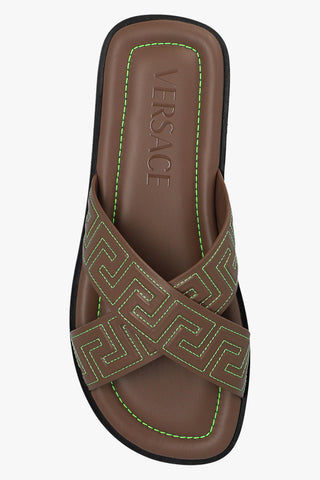 Versace Brown Leather Greek Key-Stitch Cross-Strap Sandals