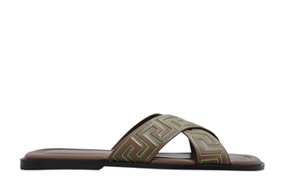 Versace Brown Leather Greek Key-Stitch Cross-Strap Sandals