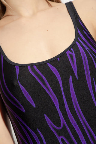 Versace Black Purple Abstract Stripe One-Piece Swimsuit