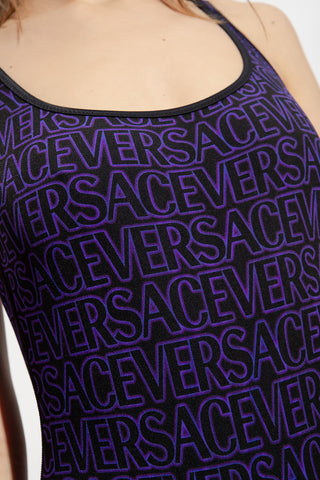 Versace Black Purple Abstract Stripe One-Piece Swimsuit