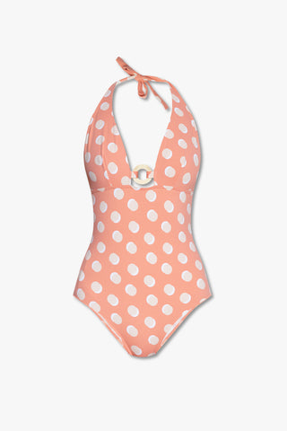 Eres Polka-Dot Halterneck One-Piece Swimsuit with Ring Detail Peach