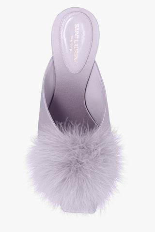 Saint Laurent Leather Feather-Trim Heeled Mules Lilac