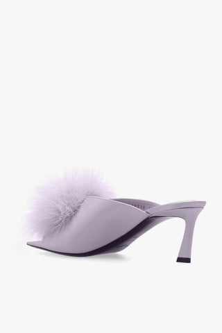 Saint Laurent Leather Feather-Trim Heeled Mules Lilac