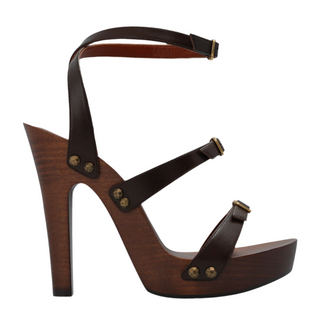 Saint Laurent Leather Strapped Wooden Platform Sandals Brown