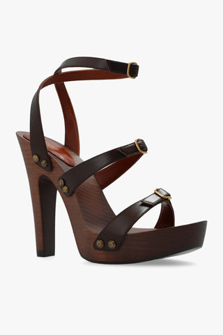 Saint Laurent Leather Strapped Wooden Platform Sandals Brown