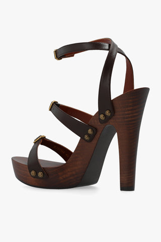 Saint Laurent Leather Strapped Wooden Platform Sandals Brown
