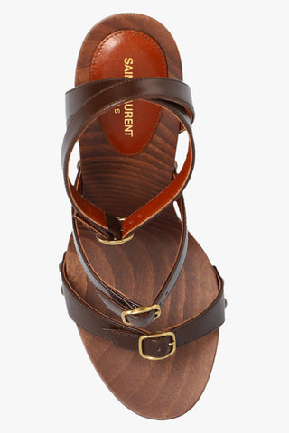 Saint Laurent Leather Strapped Wooden Platform Sandals Brown