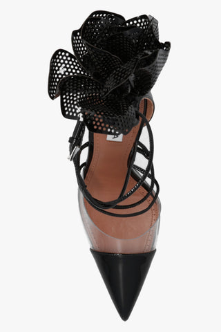 Alaia Patent Leather Perforated Floral Transparent Ankle-Strap Pumps
