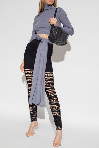 Alaia Ribbed Knit Cropped Turtleneck Pullover with Tie Waist