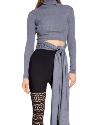 Alaia Ribbed Knit Cropped Turtleneck Pullover with Tie Waist