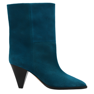 ISABEL MARANT Teal Suede Pointed-Toe Ankle Boots with Sculptural Heel