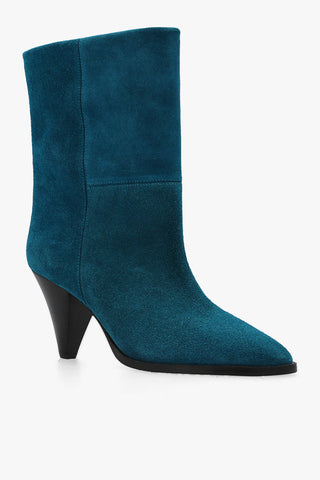 ISABEL MARANT Teal Suede Pointed-Toe Ankle Boots with Sculptural Heel