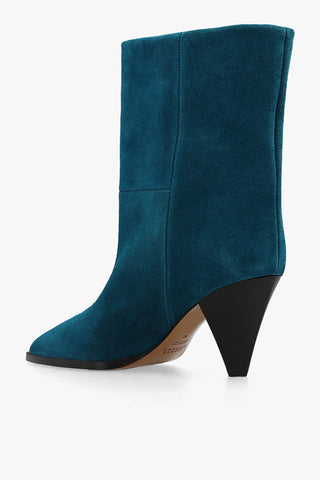 ISABEL MARANT Teal Suede Pointed-Toe Ankle Boots with Sculptural Heel