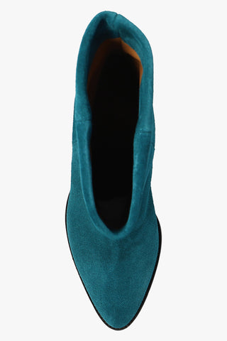 ISABEL MARANT Teal Suede Pointed-Toe Ankle Boots with Sculptural Heel