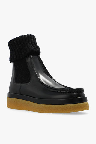 Chloé Polished Leather Knit Cuff Moc Toe Chelsea Boots