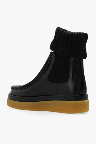 Chloé Polished Leather Knit Cuff Moc Toe Chelsea Boots