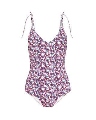 ISABEL MARANT Floral Print V-Neck Tie-Shoulder One-Piece Swimsuit Ecru